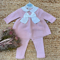 Tutina neonata in cotone rosa con fiocco bianco e colletto