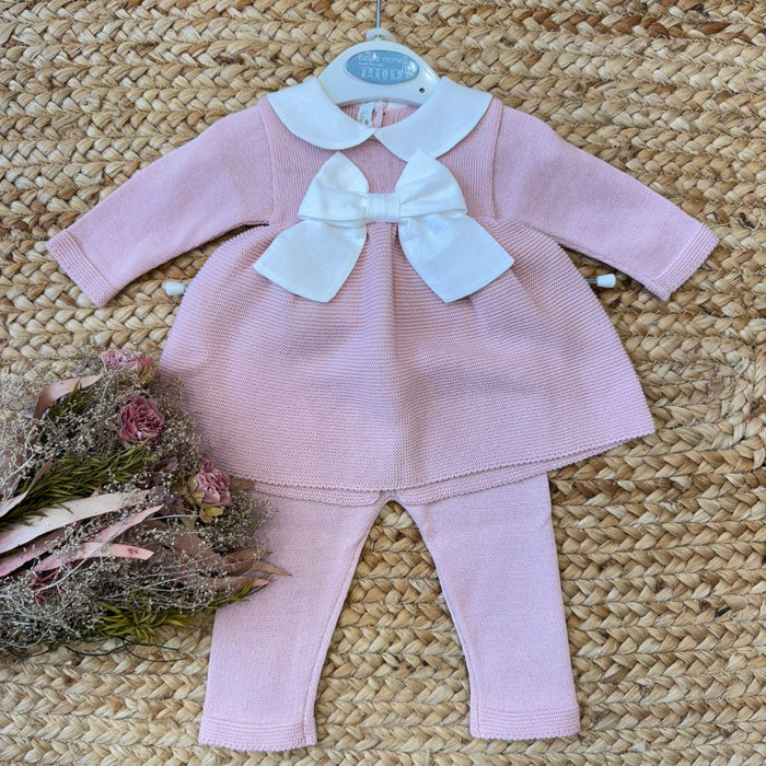Tutina neonata in cotone rosa con fiocco bianco e colletto
