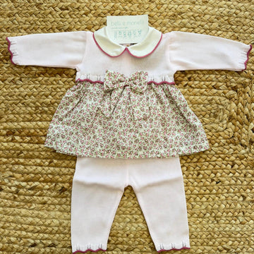 Tutina neonata cotone rosa con gonna floreale e fiocco