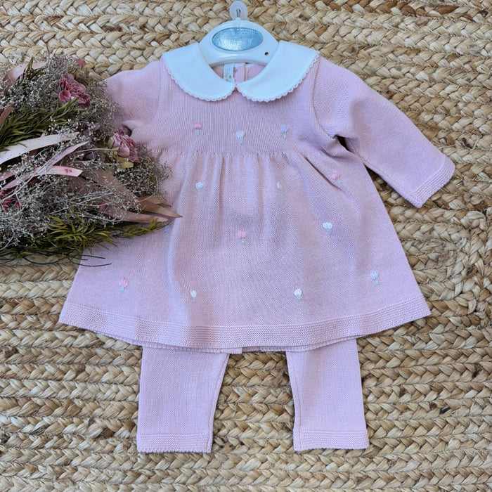 tutina neonata in cotone rosa con tulipani ricamati