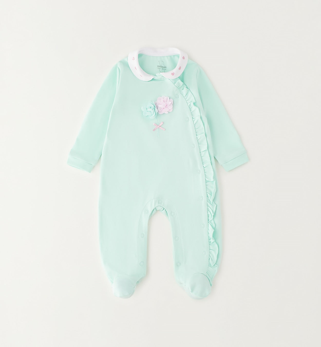 tutina neonata cotone verde acqua con colletto ricamato e fiori applicati