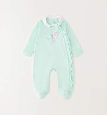 tutina neonata cotone verde acqua con colletto ricamato e fiori applicati