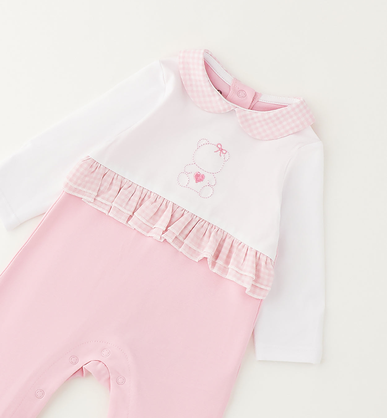 tutina neonata elegante cotone con balza decorativa e ricamo frontale