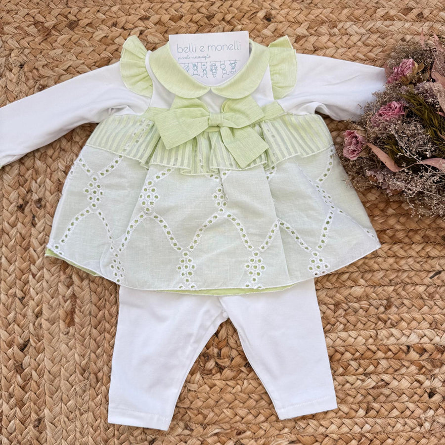 Tutina neonata elegante verde salvia con fiocco