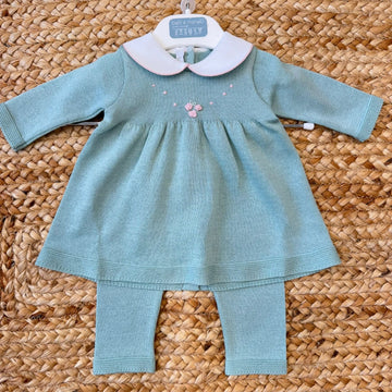 Tutina neonata in filo di cotone con abito e pantalone coordinato