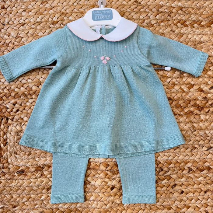 Tutina neonata in filo di cotone con abito e pantalone coordinato