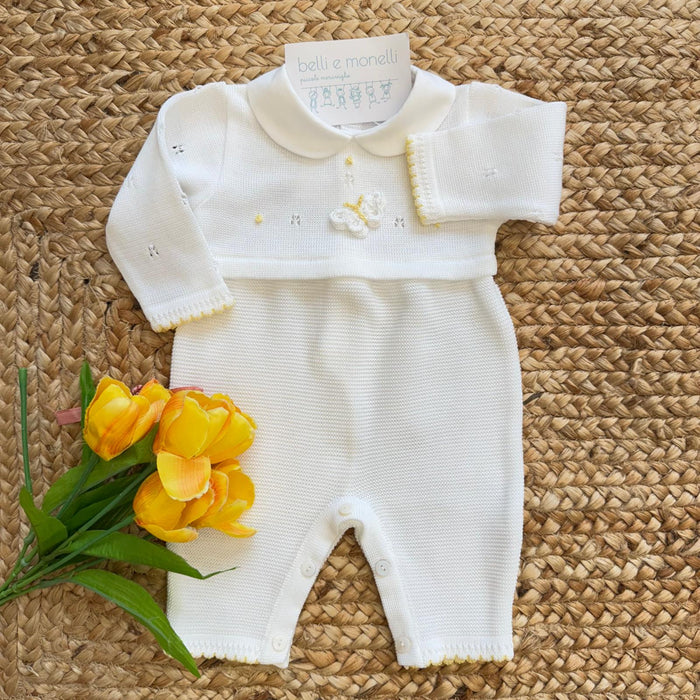 tutina neonata in filo di Scozia bianca con farfalla gialla