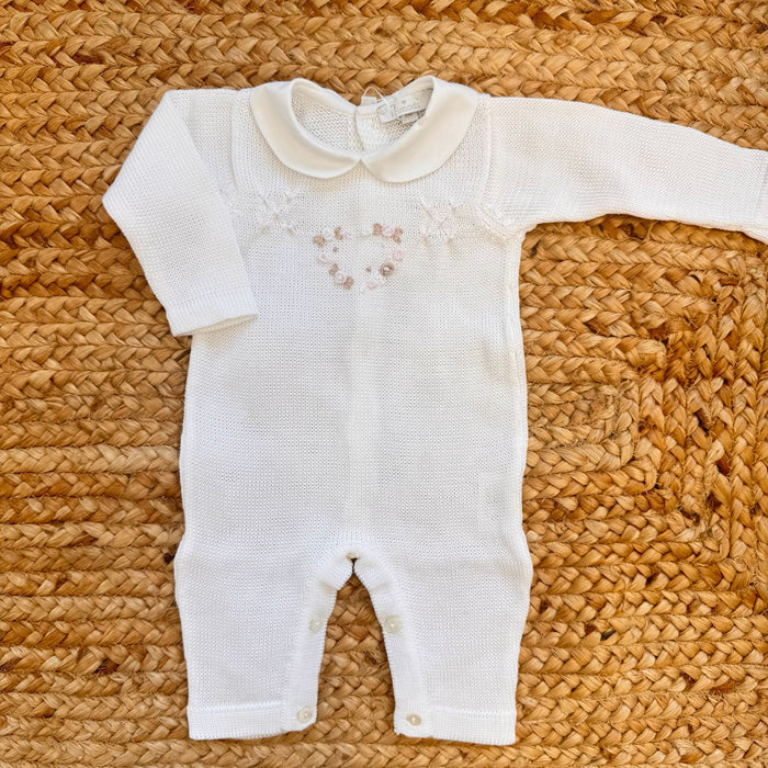 Tutina neonata in Filo di Scozia con cuore floreale ricamato