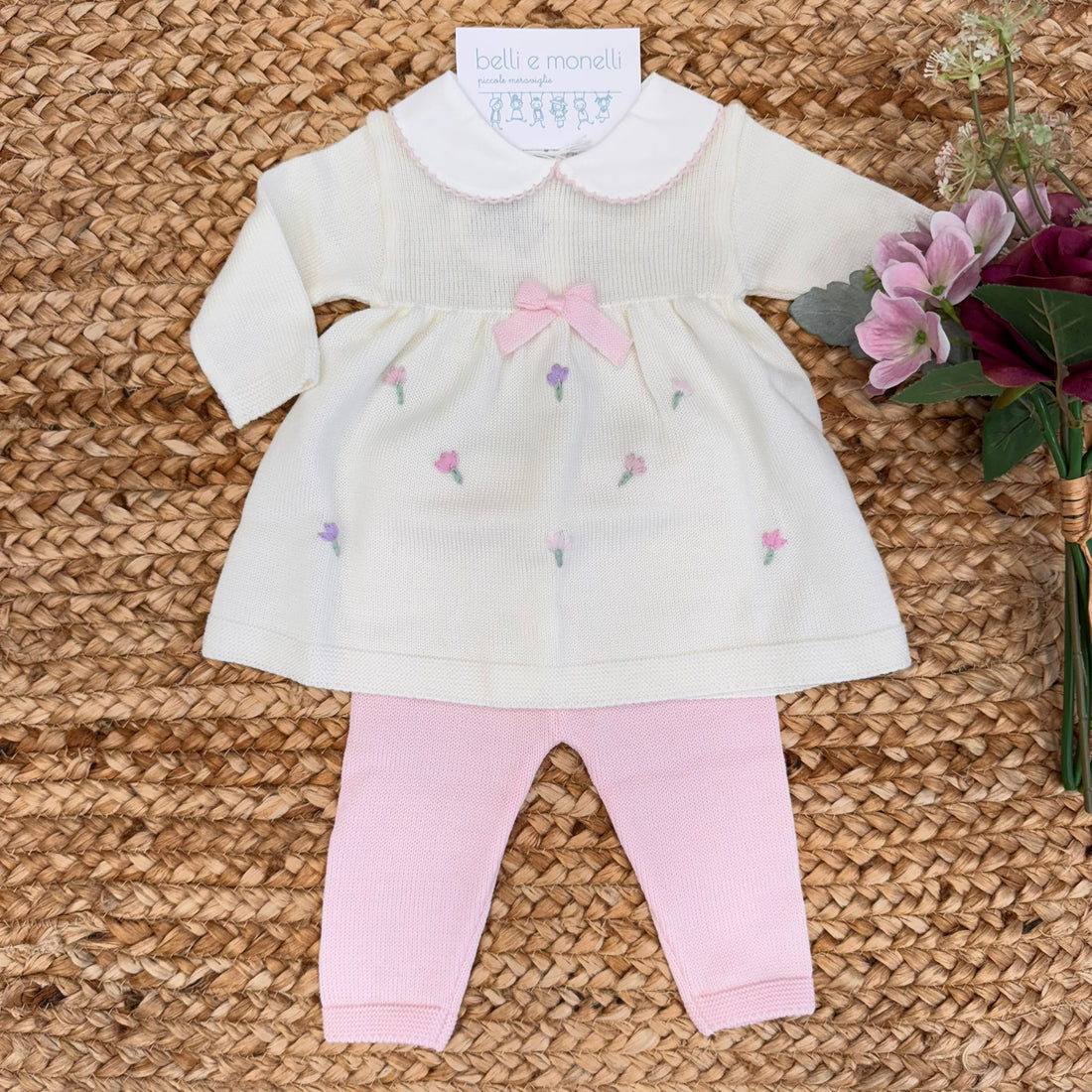 Tutina neonata in pura lana con ricamo tulipani e fiocco rosa