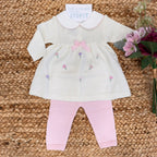 Tutina neonata in pura lana con ricamo tulipani e fiocco rosa
