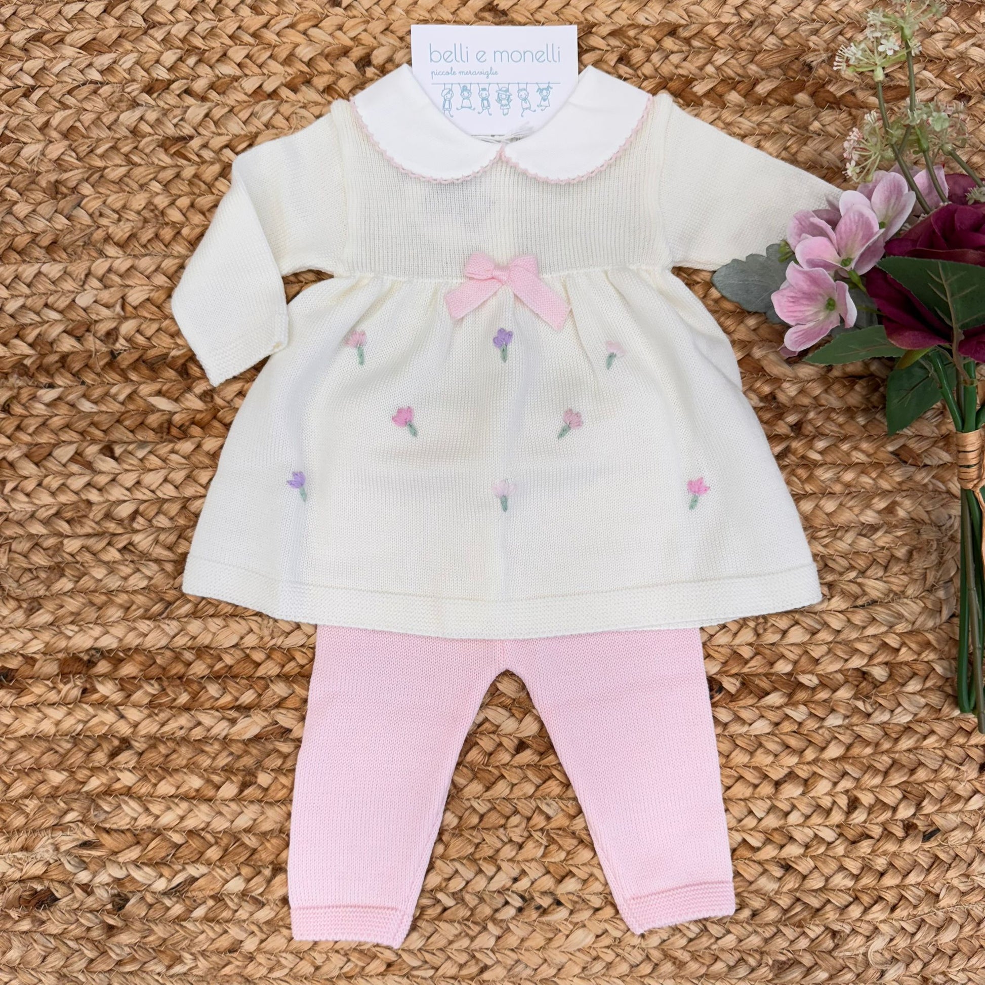 Tutina neonata in pura lana con ricamo tulipani e fiocco rosa