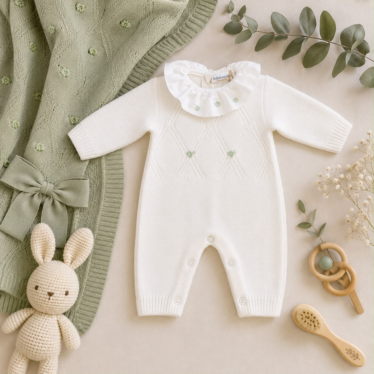 Tutina intera neonata 50% lana e 50% acrilico bianca con dettagli verde salvia e fiorellini, ideale per corredino nascita.