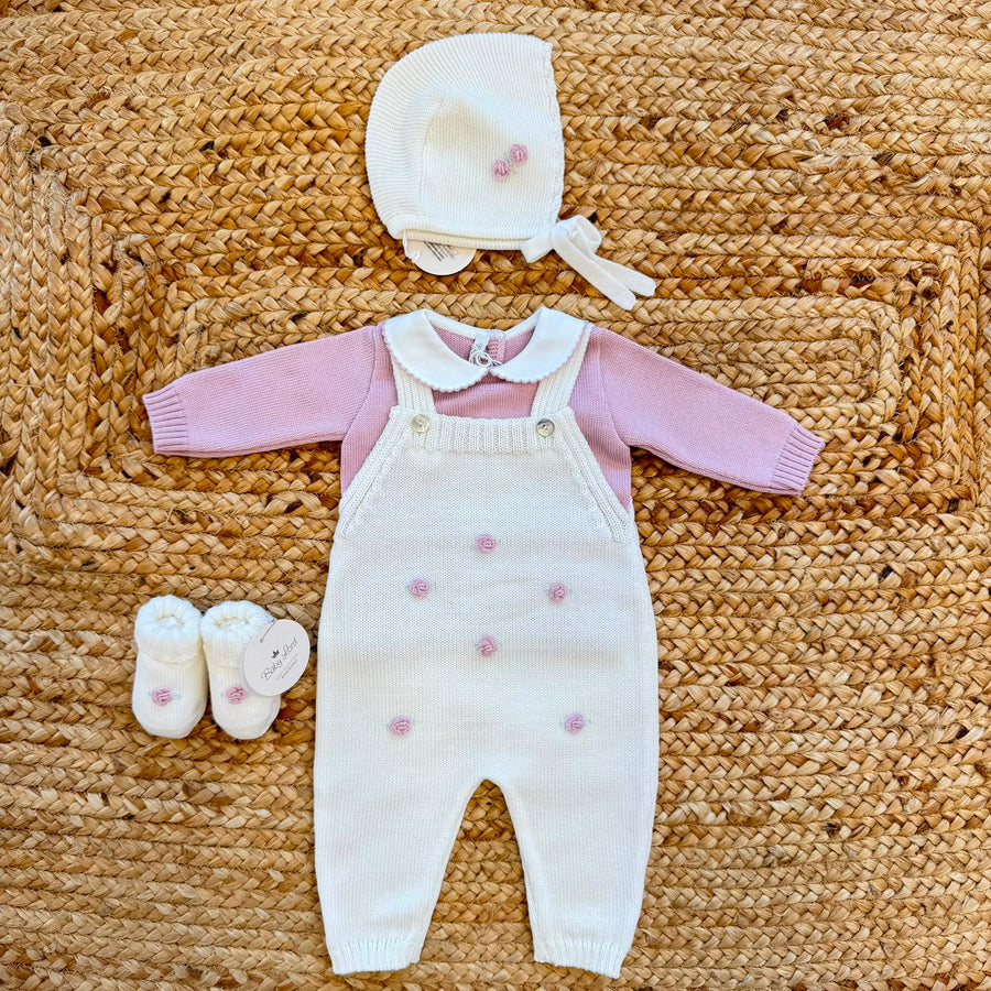 Tutina neonata in pura lana bianca e rosa con ricami