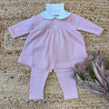 Tutina neonata rosa in 100% filo di cotone con abito e pantalone coordinato