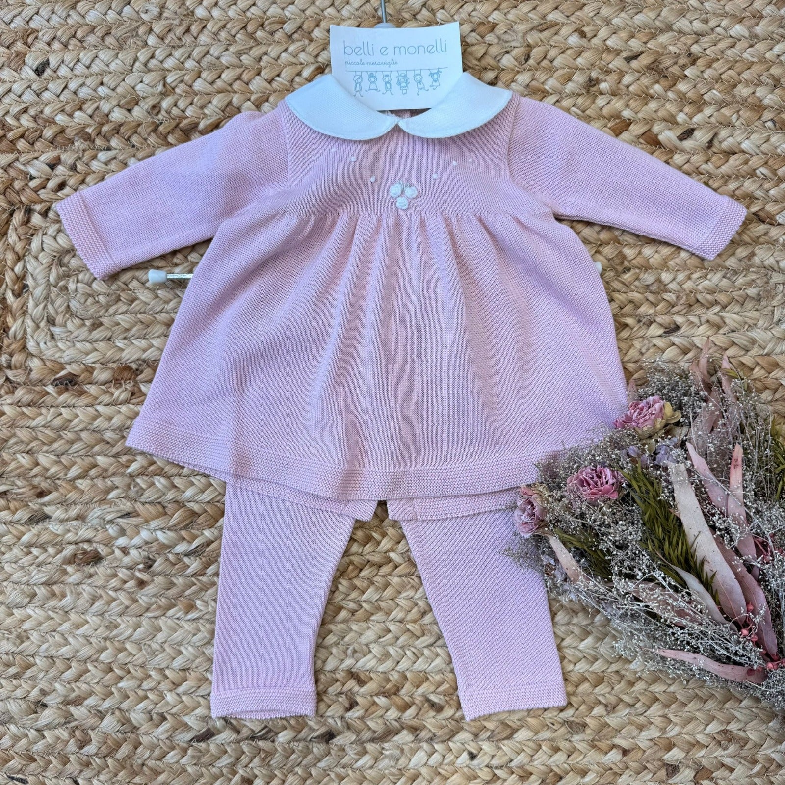 Tutina neonata rosa in 100% filo di cotone con abito e pantalone coordinato