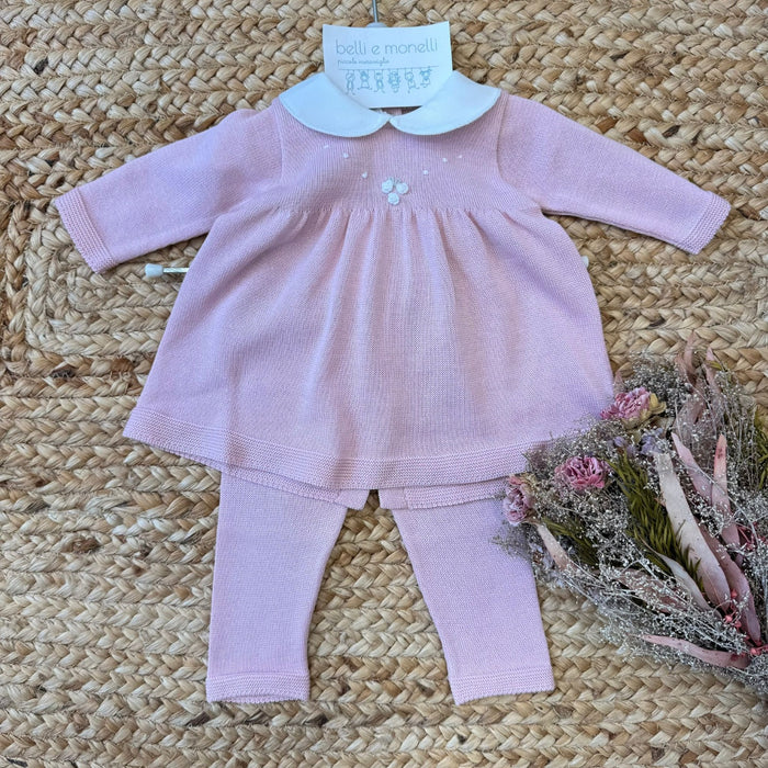 Tutina neonata rosa in 100% filo di cotone con abito e pantalone coordinato
