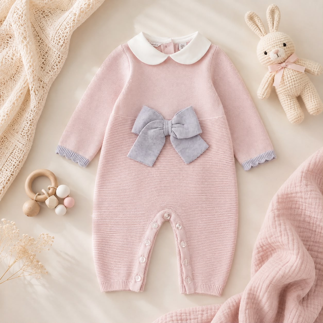 Tutina neonata rosa e grigio con fiocco, colletto bianco e finiture ai polsini per corredino nascita.