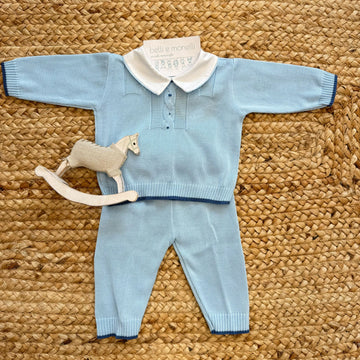 Tutina neonato 100% cotone azzurro con colletto bianco e pantalone coordinato