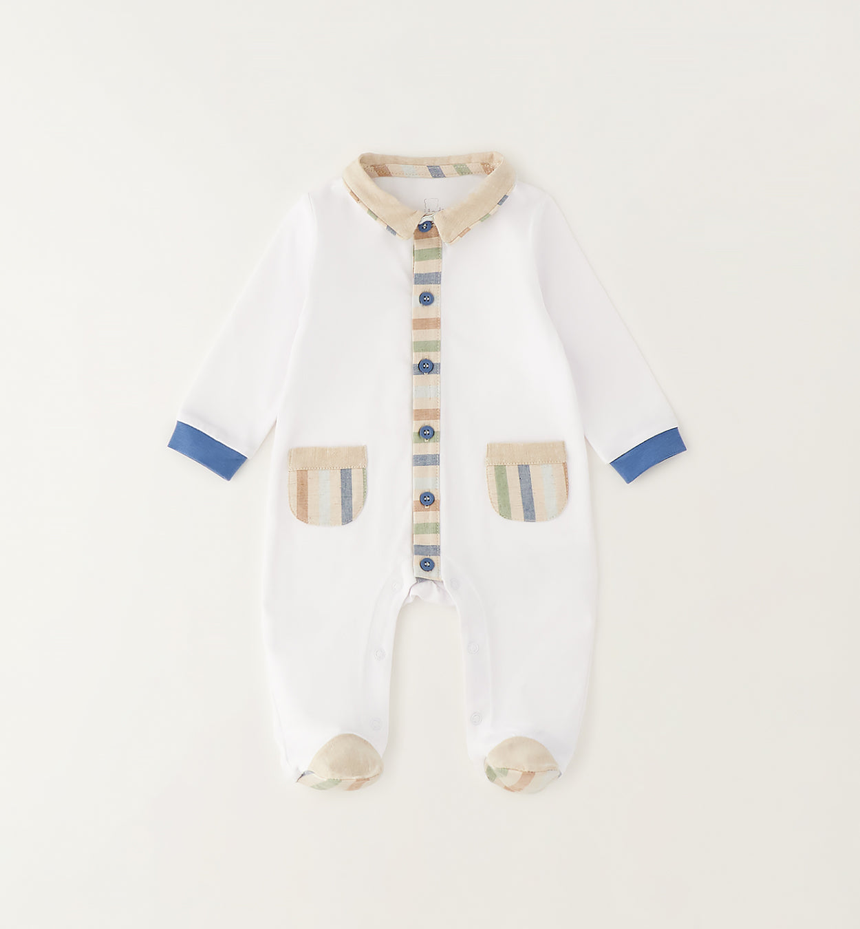 tutina neonato 100% cotone bianca con dettagli rigati multicolor