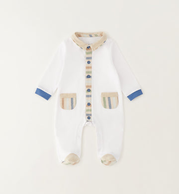 tutina neonato 100% cotone bianca con dettagli rigati multicolor