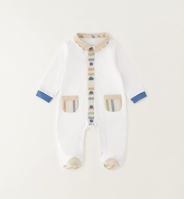 tutina neonato 100% cotone bianca con dettagli rigati multicolor