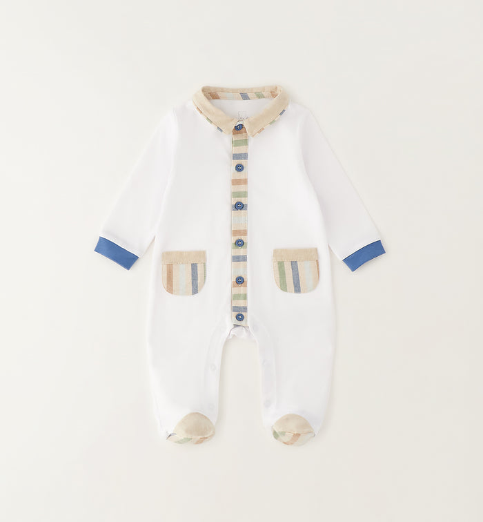tutina neonato 100% cotone bianca con dettagli rigati multicolor