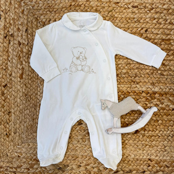 Tutina neonato 100% cotone panna con colletto e orsetto