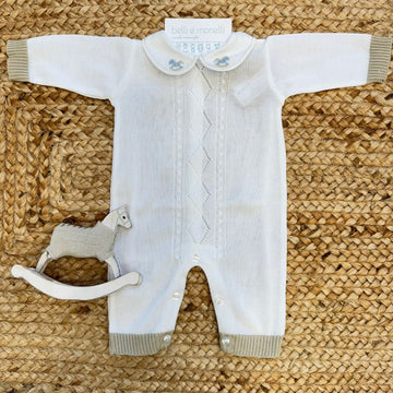 tutina neonato 100% cotone panna e tortora con colletto ricamato