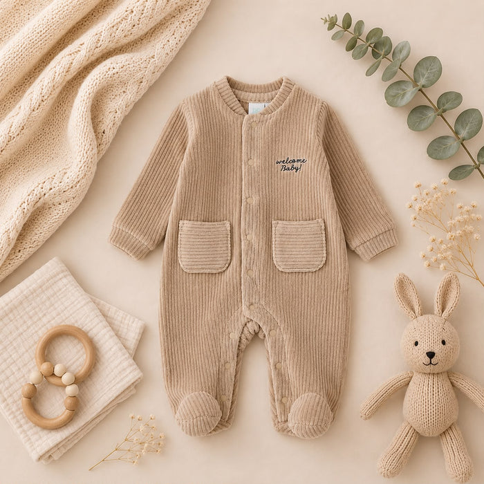 Tutina neonato in ciniglia beige a coste con taschini