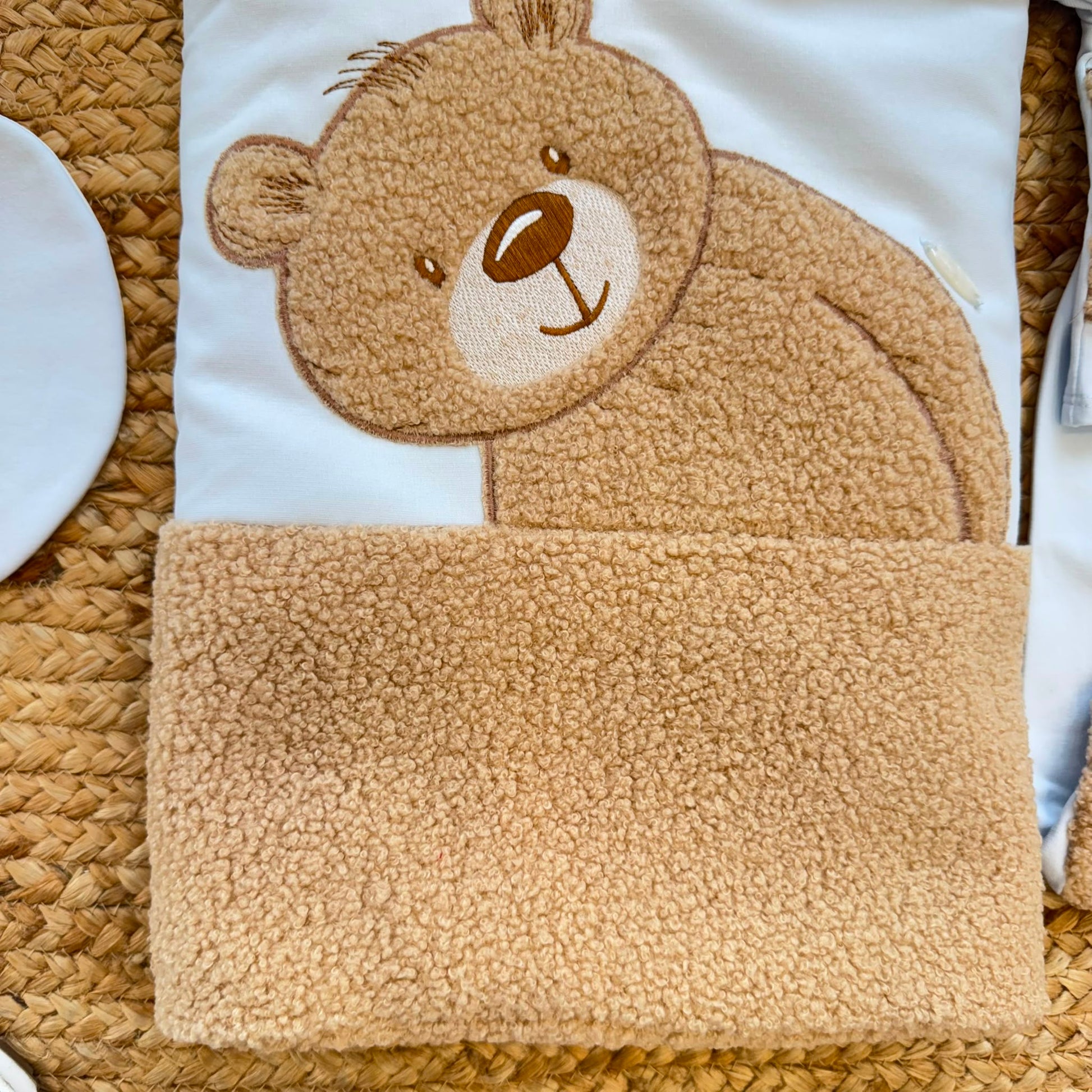 Uscita clinica neonato azzurra in caldo cotone con orsetto Teddy e copertina sfoderabile 85x68 cm