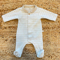 Tutina neonato in caldo cotone beige a quadri con colletto classico Made in Italy.