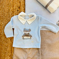 Uscita clinica neonato cielo e beige in ciniglia completa con copertina sfoderabile, tutina, cappellino e lenzuolino.