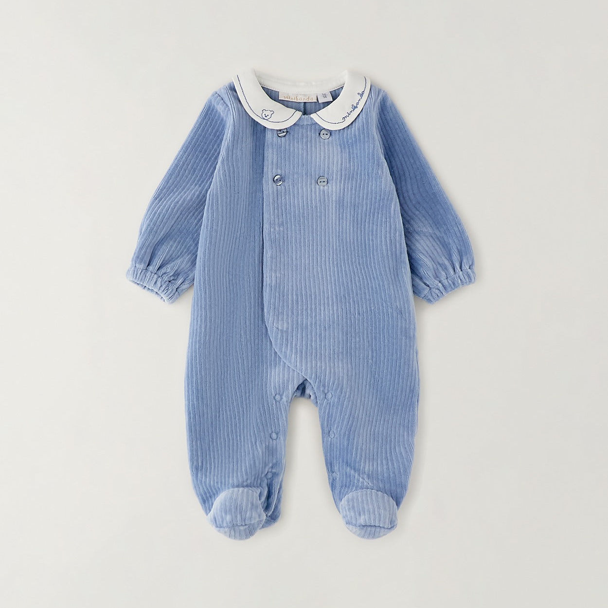 Tutina neonato in ciniglia azzurra a costine con colletto bianco ricamato e piedini