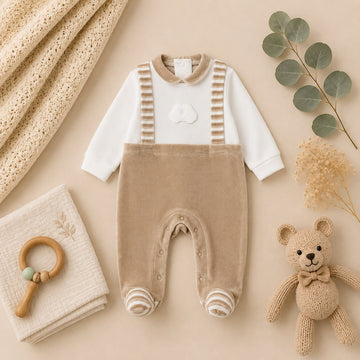 Tutina neonato in ciniglia beige con piedini e dettaglio auto