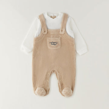 Tutina neonato in ciniglia beige e panna effetto salopette con piedini