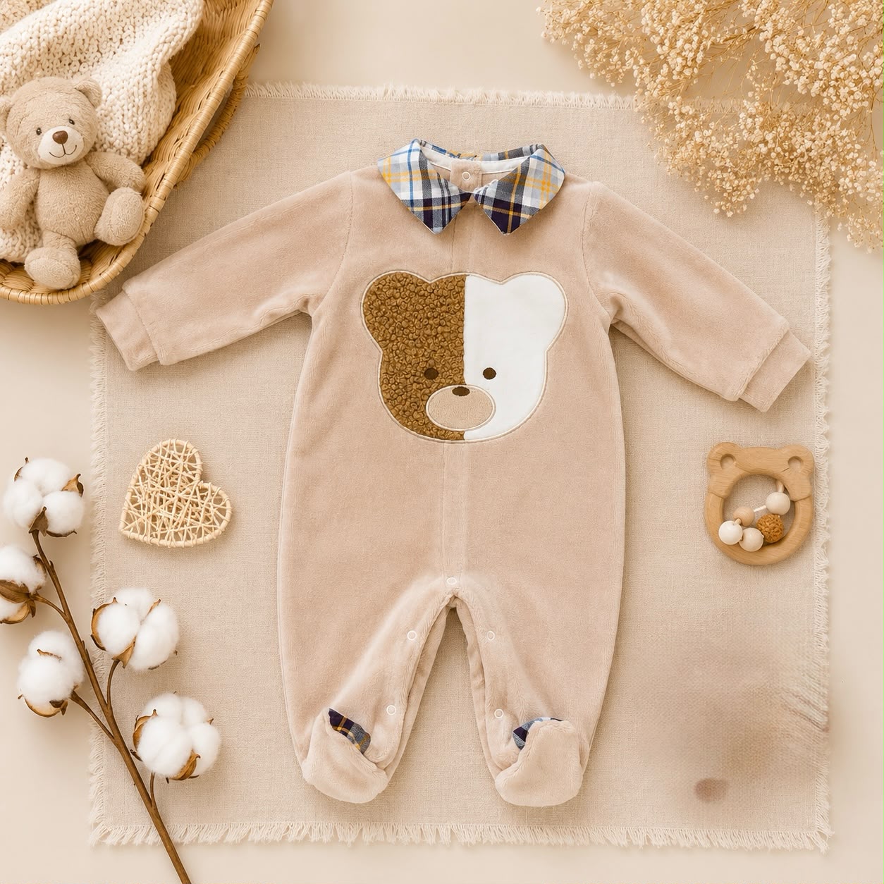 Tutina neonato in ciniglia beige con orsetto e colletto tartan