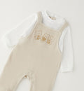 Tutina unisex neonato in ciniglia beige e panna effetto salopette con ricamo tre orsetti