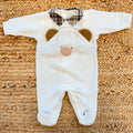 Tutina neonato in ciniglia panna con orsetto tridimensionale e colletto tartan