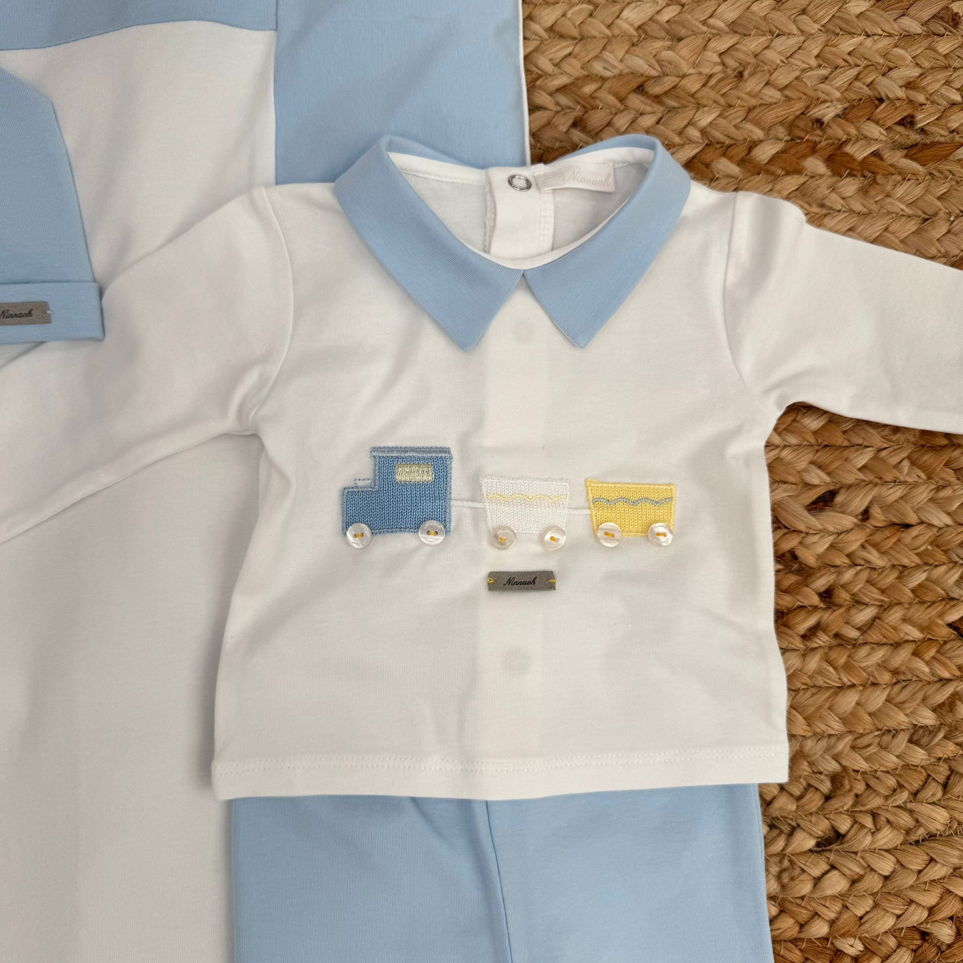 Tutina due pezzi neonato con colletto azzurro