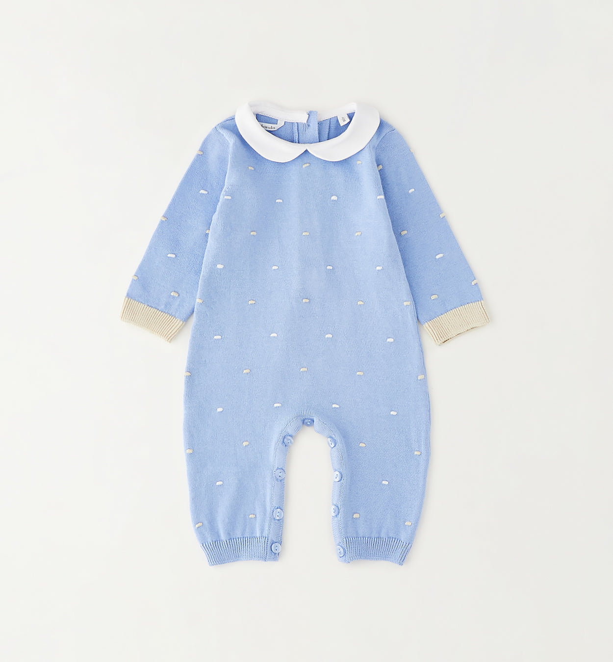 Tutina neonato azzurra in cotone 100% con colletto bianco vista frontale
