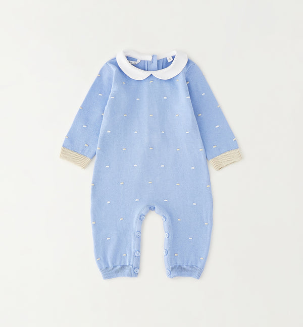 Tutina neonato azzurra in cotone 100% con colletto bianco vista frontale