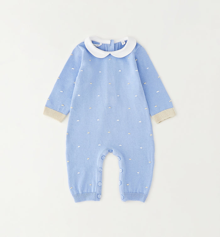 Tutina neonato azzurra in cotone 100% con colletto bianco vista frontale