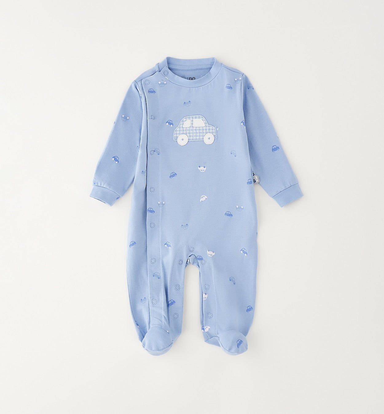 Tutina neonato 100% cotone azzurra con stampa macchinine e applicazione auto