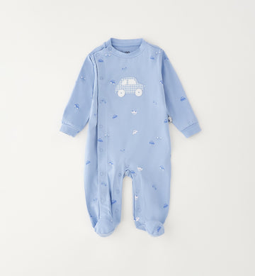Tutina neonato 100% cotone azzurra con stampa macchinine e applicazione auto