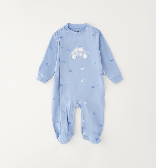 Tutina neonato 100% cotone azzurra con stampa macchinine e applicazione auto