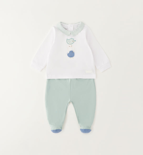 Tutina neonato in cotone 100% bianca e verde acqua con colletto vichy vista frontale