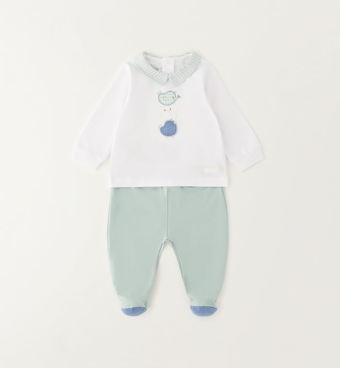 Tutina neonato in cotone 100% bianca e verde acqua con colletto vichy vista frontale