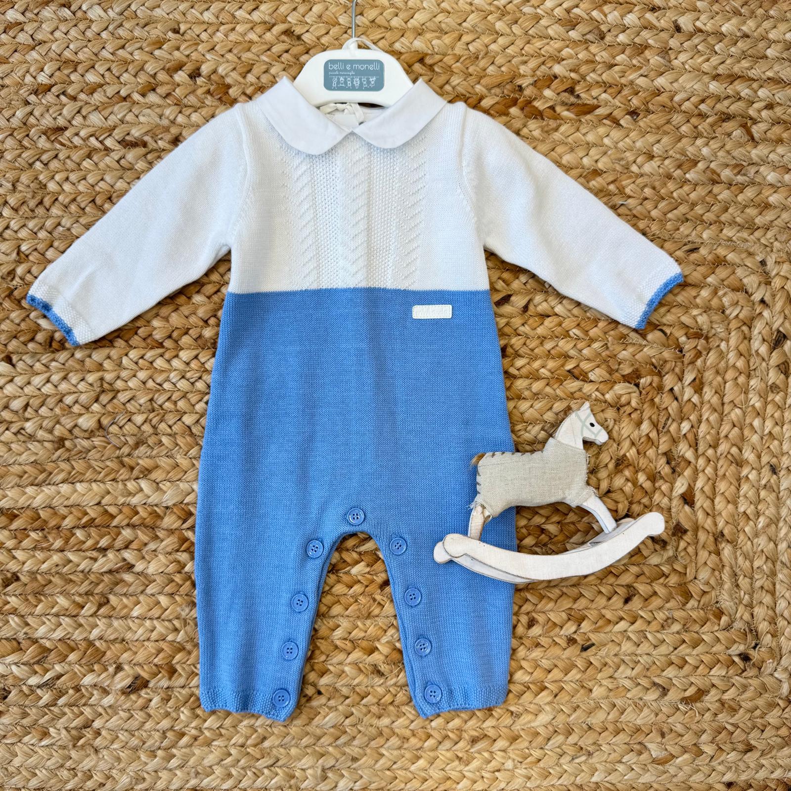 Tutina neonato bicolore bianco e azzurro in 100% cotone con colletto classico
