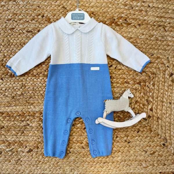 Tutina neonato bicolore bianco e azzurro in 100% cotone con colletto classico