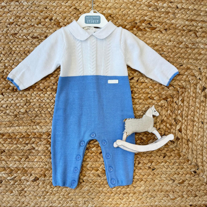 Tutina neonato bicolore bianco e azzurro in 100% cotone con colletto classico